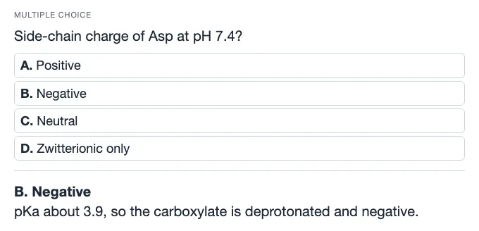 Sample multiple choice card: Side-chain charge of Asp at pH 7.4?