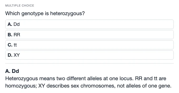 Sample multiple choice card: Which genotype is heterozygous?