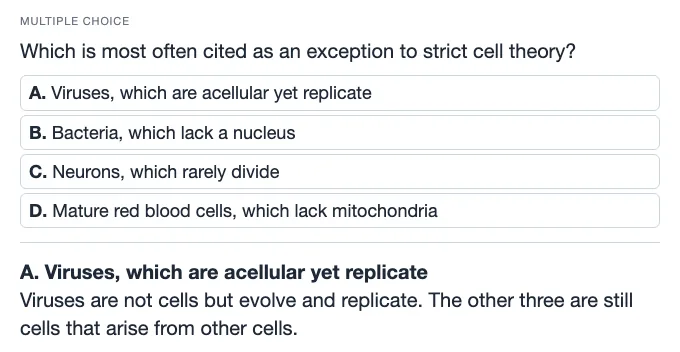 Sample multiple choice card: Which is most often cited as an exception to strict cell theory?