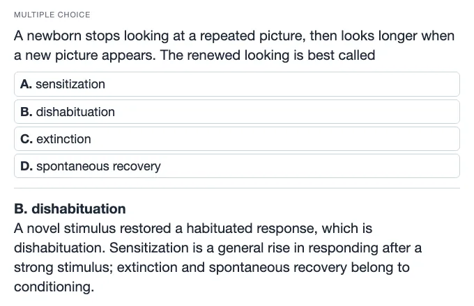 Sample multiple choice card: A newborn stops looking at a repeated picture, then looks longer when a new picture appears. The renewed looki