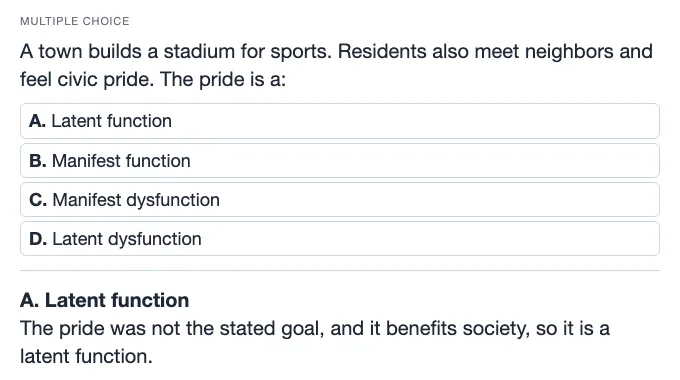 Sample multiple choice card: A town builds a stadium for sports. Residents also meet neighbors and feel civic pride. The pride is a: